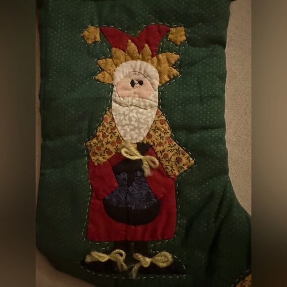 Vintage handsewn patchwork Christmas stocking with bows on shoes and coat - Picture 2 of 5